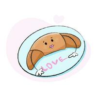 mignonne personnage de croissant sur une assiette avec mot de l'amour pour la Saint-Valentin journée et plus. meilleur pour carte postale, autocollants et plus dessins vecteur