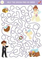 mariage Labyrinthe pour des gamins avec juste marié couple, animaux, des oiseaux portant voile. mariage la cérémonie préscolaire imprimable activité. matrimonial labyrinthe jeu, puzzle. Aidez-moi le jeune marié trouver le la mariée vecteur