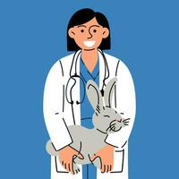 une femelle vétérinaire avec une lapin dans sa bras. vecteur illustration de animal se soucier. plat style. une médecin dans une uniforme et une médical manteau avec une lapin sur une bleu. international vétérinaire journée