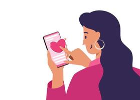 jeune femme appuyant sur le bouton du coeur sur l'illustration de la publication des médias sociaux vecteur