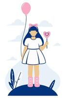 une fille dans une blanc robe, avec une rose arc, détient une sucette et une ballon dans sa mains. plat vecteur illustration.