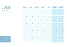 calendrier modèle pour le juin 2024, le la semaine départs sur lundi. le calendrier est dans une bleu Couleur schème. vecteur