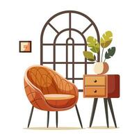 vivant pièce moderne intérieur ensemble avec branché scandinave fauteuil. vecteur plat style collection de meubles pour maison isolé sur blanc Contexte. confortable fauteuil, la table de nuit, mis en pot plante.