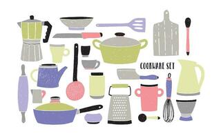 ustensiles de cuisine ensemble sur blanc Contexte. stylisé main tiré griffonnage plats. pastel couleurs vecteur illustration.