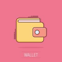 icône de portefeuille de dessin animé de vecteur dans le style comique. pictogramme d'illustration de signe de sac à main d'argent. concept d'effet d'éclaboussure d'entreprise de portefeuille.