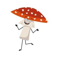 personnage d'amanite mignon avec des émotions joyeuses, danse, visage souriant, yeux, bras et jambes heureux. champignon agaric mouche de la forêt avec une expression aimable vecteur