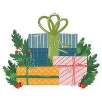 composition avec cadeau des boites, Noël épicéa branches et houx vecteur