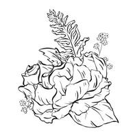 encrer. floral composition avec délicat ouvert Rose fleurs, fougère, Rose feuilles, et des bois myosotis. une élégant illustration pour cartes, coloration, impressions, affiches, et textile impression. vecteur