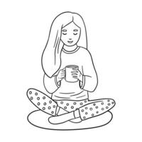 Jeune femme séance sur sol avec tasse, en buvant café. fille routine, de rechange temps. main tiré ligne griffonnage illustration isolé sur blanc vecteur
