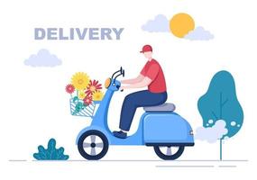 service de livraison de fleurs entreprise en ligne avec coursier tenant un bouquet de commande de fleurs à l'aide de camions, de voitures ou de motos. illustration vectorielle de fond vecteur