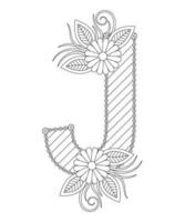 page de coloriage de l'alphabet avec un style floral. Coloriage abc - lettre j vecteur