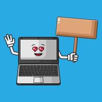 ordinateur portable de mascotte de vecteur heureux avec l'amour et les planches en bois