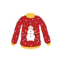 pull de Noël moche rouge avec bonhomme de neige. vêtements tricotés traditionnels drôles vecteur