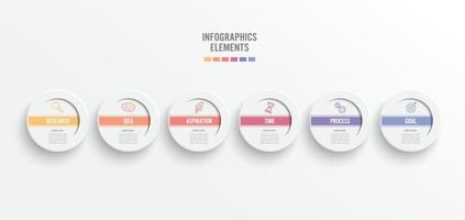 éléments abstraits du modèle infographique graphique avec étiquette, cercles intégrés. concept d'entreprise avec 6 options. pour le contenu, le diagramme, l'organigramme, les étapes, les pièces, les infographies de chronologie, la disposition du flux de travail. vecteur