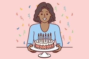 adolescent fille avec anniversaire gâteau dans mains des stands parmi canfeti et sourires, offre à célébrer vacances faire la fête. africain américain enfant en portant anniversaire gâteau avec chaud bougies et à la recherche à écran vecteur