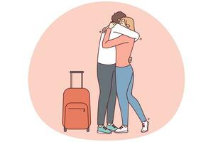 une femme étreignant un homme avec une valise rencontre son amant à l'aéroport. couple heureux embrasser se réunir après la séparation. relation à distance. illustration vectorielle. vecteur