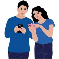 couple homme et femme à la recherche à leur téléphone vecteur illustration