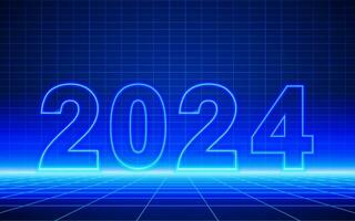 2024 nombre néon lumière contour sur futuriste technologique la grille Contexte. numérique cyber espace scène conception, cyberpunk technologie, virtuel réalité, science fiction matrice toile de fond vecteur