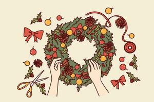 DIY Noël couronne fabriqué de vert sapin branches et rouge arcs ou pin cônes pour intérieur décoration. processus de fabrication Noël du vin à préparer pour Nouveau année vacances ou Noël veille. vecteur