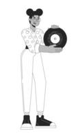 africain américain fille en portant vinyle record noir et blanc 2d ligne dessin animé personnage. gen z noir femme rétro la musique isolé vecteur contour personne. nostalgie monochromatique plat place illustration