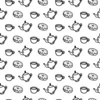 vecteur main tiré sans couture modèle avec tasse, théière, Donut Icônes sur blanc Contexte. griffonnage café pot, tasse, Donut emballage dans ligne art style pour une café décor. adulte et des gamins coloration page