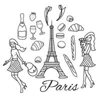 main tiré icône ensemble avec Paris symboles. Paris ancien style vecteur contour illustration dans griffonnage montant.