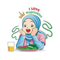 en bonne santé aliments. mignonne peu les filles dans hijab l'amour des légumes. vecteur illustration