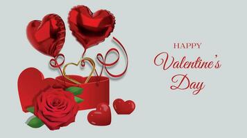 Valentin carte avec rouge rose, cœur en forme de boîte, or cœur en forme de bague et cœur en forme de des ballons vecteur