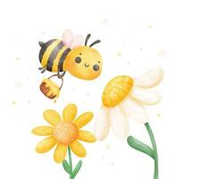 mignonne bébé mon chéri abeille avec fleurs aquarelle dessin animé personnage main La peinture illustration vecteur. vecteur