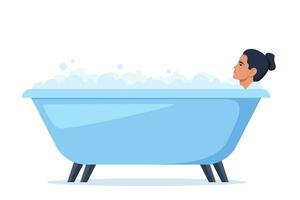 femme dans bain. détendu fille dans baignoire avec mousse bulles. soi se soucier et hygiène, spa et relaxant. vecteur illustration.