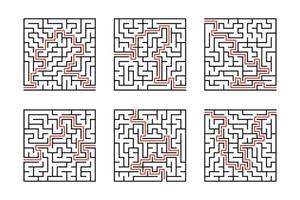 un ensemble de labyrinthes carrés. jeu pour les enfants. casse-tête pour les enfants. énigme du labyrinthe. illustration vectorielle plane isolée sur fond blanc. avec réponse. vecteur