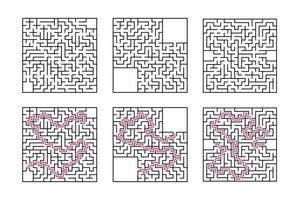 un ensemble de labyrinthes carrés. jeu pour les enfants. casse-tête pour les enfants. une entrée, une sortie. énigme du labyrinthe. illustration vectorielle plane isolée sur fond blanc. avec réponse. avec place pour votre image. vecteur