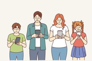 enthousiaste famille avec mobile Téléphone (s dans mains supporter dans rangée et refuser réel communication. introverti famille les usages smartphone, pour concept de numérisation de société et dépendance sur gadgets vecteur