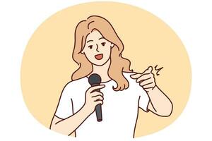 femme avec microphone faire discours point à filtrer. souriant femelle orateur avec micro communiquer avec public. vecteur illustration.