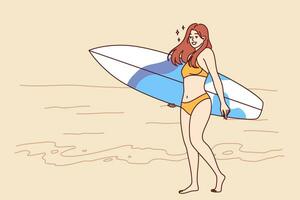 femme surfeur habillé dans bikini des promenades le long de plage avec planche de surf et jouit été voyage à tropical île. surfeur fille dans baignade vêtements sourires, en marchant sur océan et appels à aller sur voyages et le surf vecteur