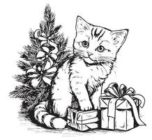 Noël chaton avec Noël arbre et cadeaux main tiré esquisser vecteur