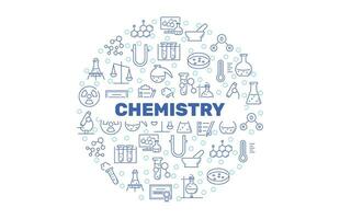 chimie cercle bannière, science Contexte. laboratoire équipement affiche. scientifique recherche. ligne Icônes de tester tubes et flacons. vecteur illustration