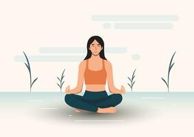 méditation, le femme est assis jambes croisées à méditer à calme sa esprit. donner monter à Nouveau travail des idées vecteur illustration bleu Ton Contexte