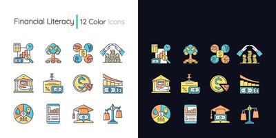 jeu d'icônes de couleur rvb thème clair et sombre de la littératie financière vecteur