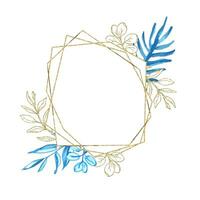 d'or Cadre avec bleu aquarelle feuilles pour mariage carte et inviter vecteur