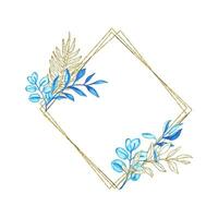 d'or Cadre avec bleu aquarelle feuilles pour mariage carte et inviter vecteur