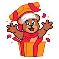 une nounours ours portant une Père Noël claus chapeau et écharpe avec cadeau boîte vecteur