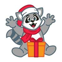dessin animé raton laveur dans une rouge écharpe et une Père Noël chapeau avec Noël cadeaux vecteur