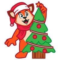 mignonne rouge Renard animal personnage avec Noël arbre vecteur