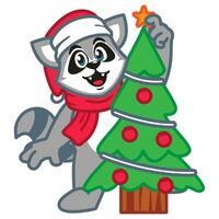 dessin animé raton laveur dans une rouge écharpe et une Père Noël chapeau avec Noël arbre vecteur