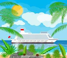 paysage de îles et plage. croisière doublure bateau. Soleil avec réflexion dans l'eau et des nuages. journée dans tropical lieu. vecteur illustration dans plat style