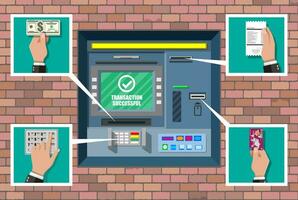 banque au m. automatique caissier machine. programme électronique dispositif pour Paiements et se désister en espèces de Plastique carte. économique, banque et la finance industrie. vecteur illustration dans plat style