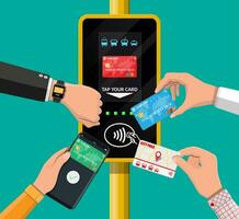 mains avec transport carte, téléphone intelligent, montre intelligente et banque carte près Terminal. aéroport, métro, bus, métro billet validateur. sans fil sans contact sans argent Paiements, rfid NFC. plat vecteur illustration