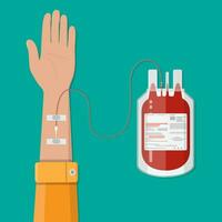 sac avec du sang et la main du donneur. concept de jour de don de sang. l'homme donne du sang. illustration vectorielle dans un style plat. vecteur