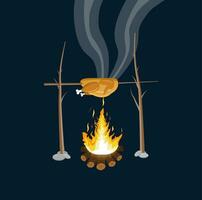 feu avec grillé poulet. journaux et Feu. camping, brûlant tas de bois dans nuit. vecteur illustration dans plat style